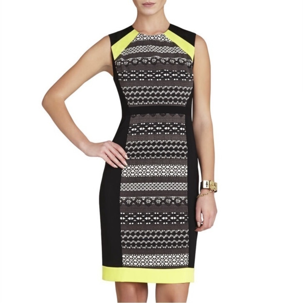 BCBGMAXAZRIA Lace Print Colorblock Eileen Neon Dress Size 8 EUC